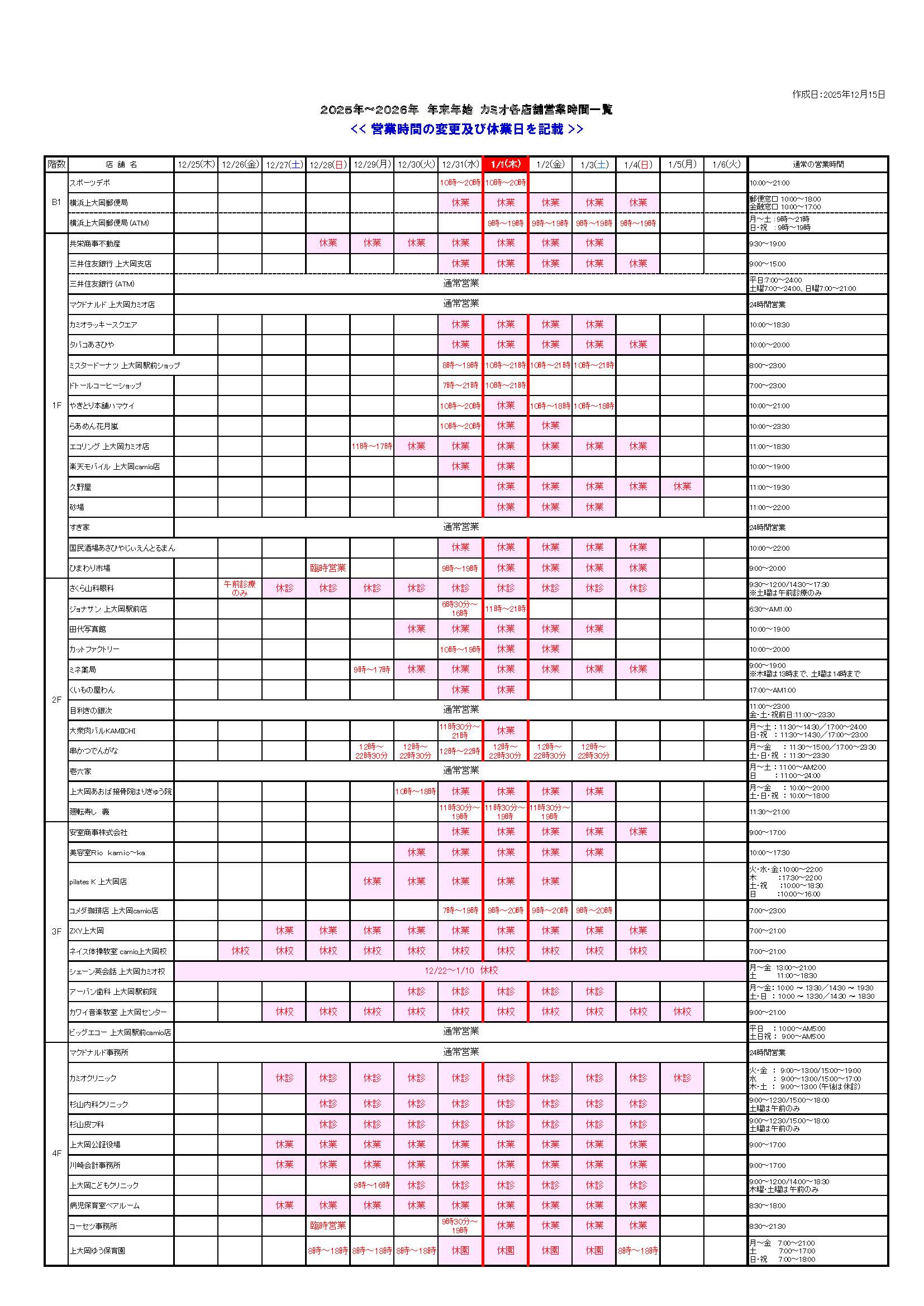 ・年末年始の営業時間一覧