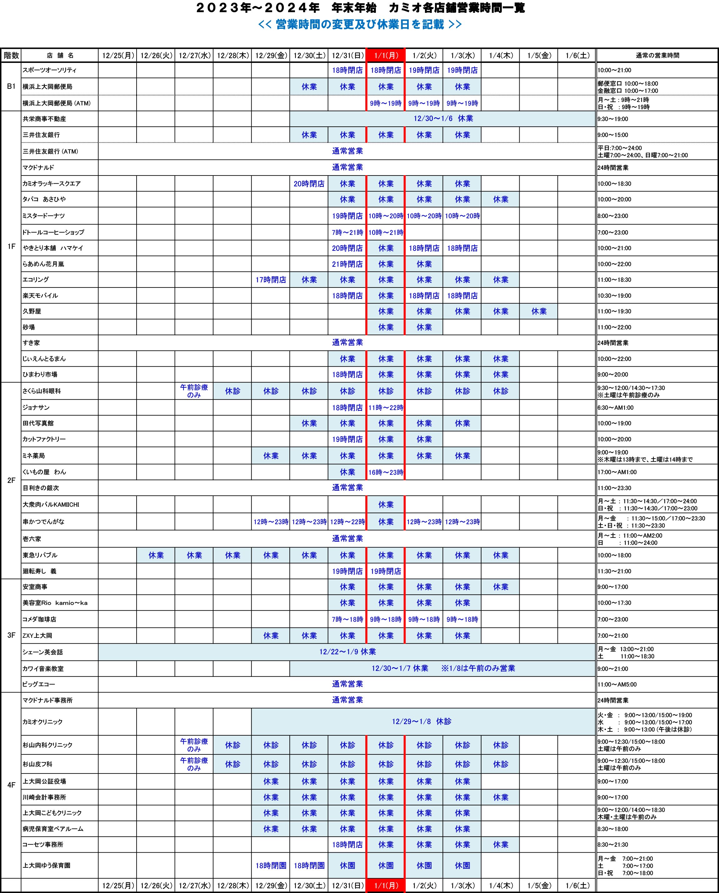 年末年始の営業時間一覧